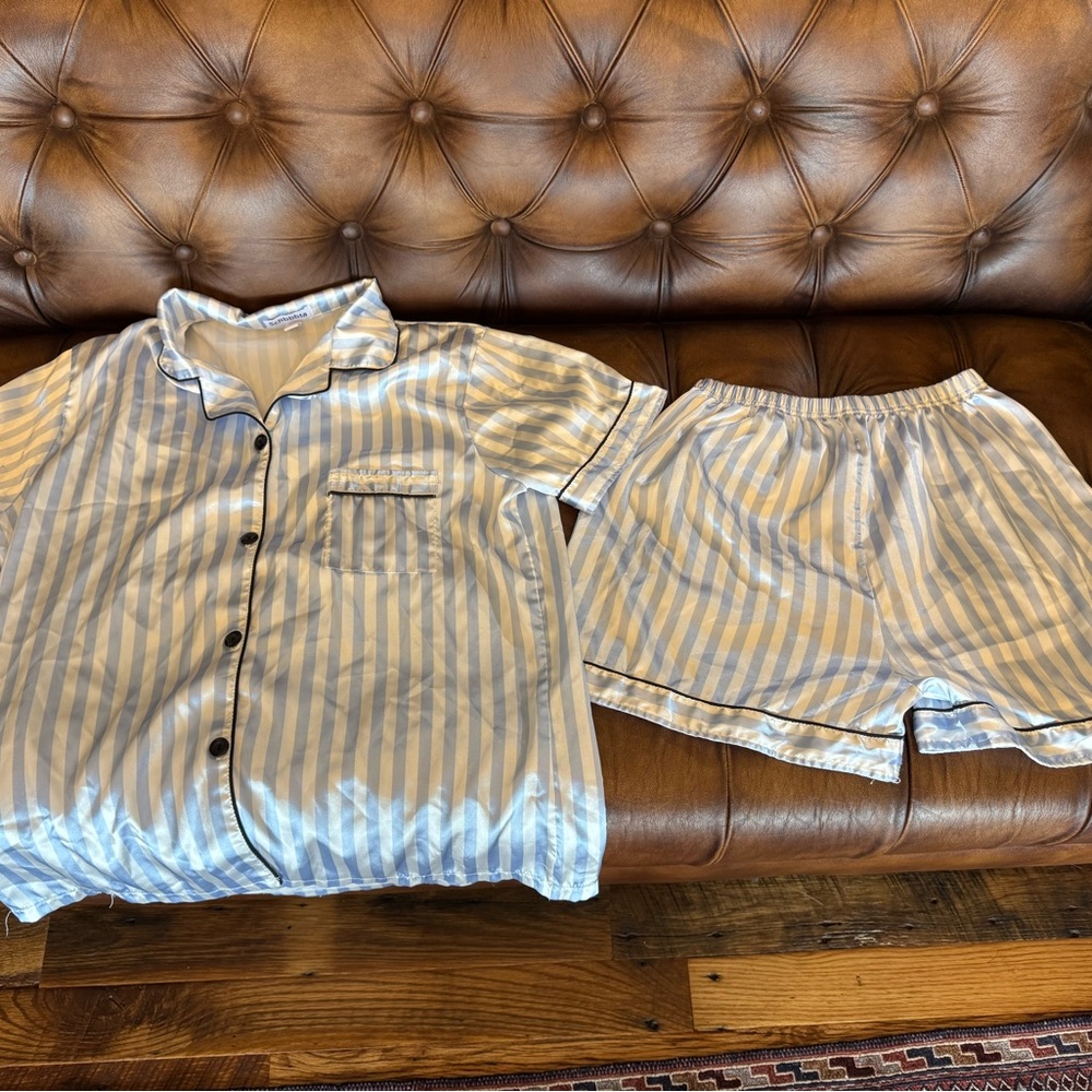 Silky Blue and White Stripe Pajama Set - Short Sleeve Top & Shorts